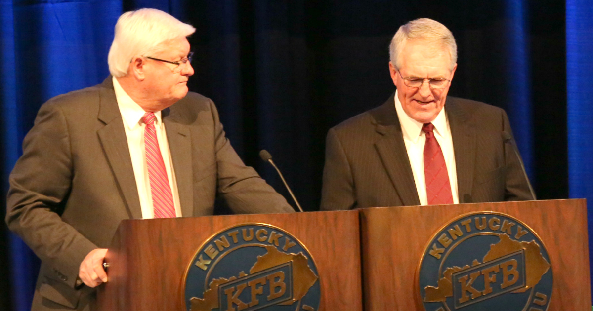 KFB President Mark Haney and 1st Vice President Eddie Melton review the organization's policy with delegates at Kentucky Farm Buruea's Annual Meeting