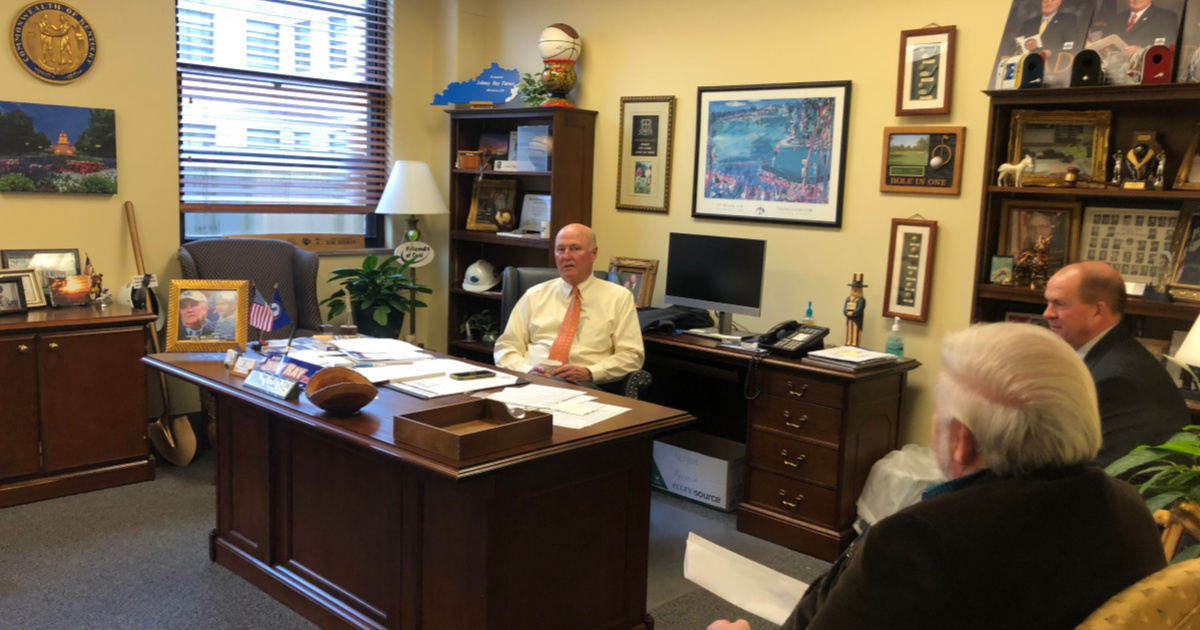 Kentucky Senator Johnny Ray Turner meets with Floyd County Farm Bureau President Saul Akers and Floyd County Farm Bureau Vice President Billy Hicks during Kentucky Farm Bureau’s Legislative Drive-In Day.