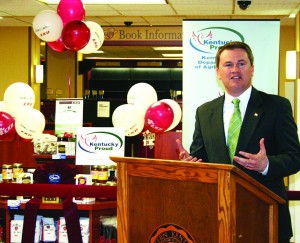 Agriculture Commissioner James Comer talks about the Kentucky Proud Farm to Campus Program in front of a Kentucky Proud display at the Eastern Kentucky University bookstore in Richmond. (Kentucky Department of Agriculture photo by Chris Aldridge)