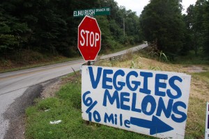 A series of signs guide consumers to D&F Farms from the Somerset bypass. This sign is off KY 769 at the entrance to Elihu Rush Branch Road, where the market is located.