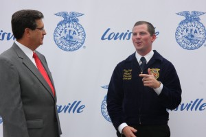 KFB Executive Vice President David S. Beck visited with National FFA President Clay Sapp  following the news conference.